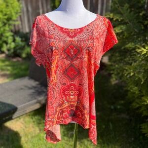 Unity World Wear Red Orange Paisley Rhinestone Sharkbite Top Blouse Large
